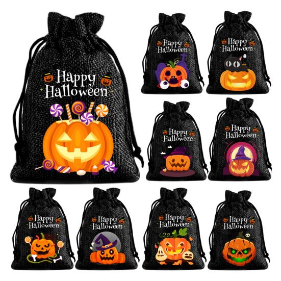 12 Pcs Halloween Treat Bags Burlap Gift Bags Mini Drawstring Candy Bags Pumpkin Pattern Goodie Bags for Halloween Party Favors