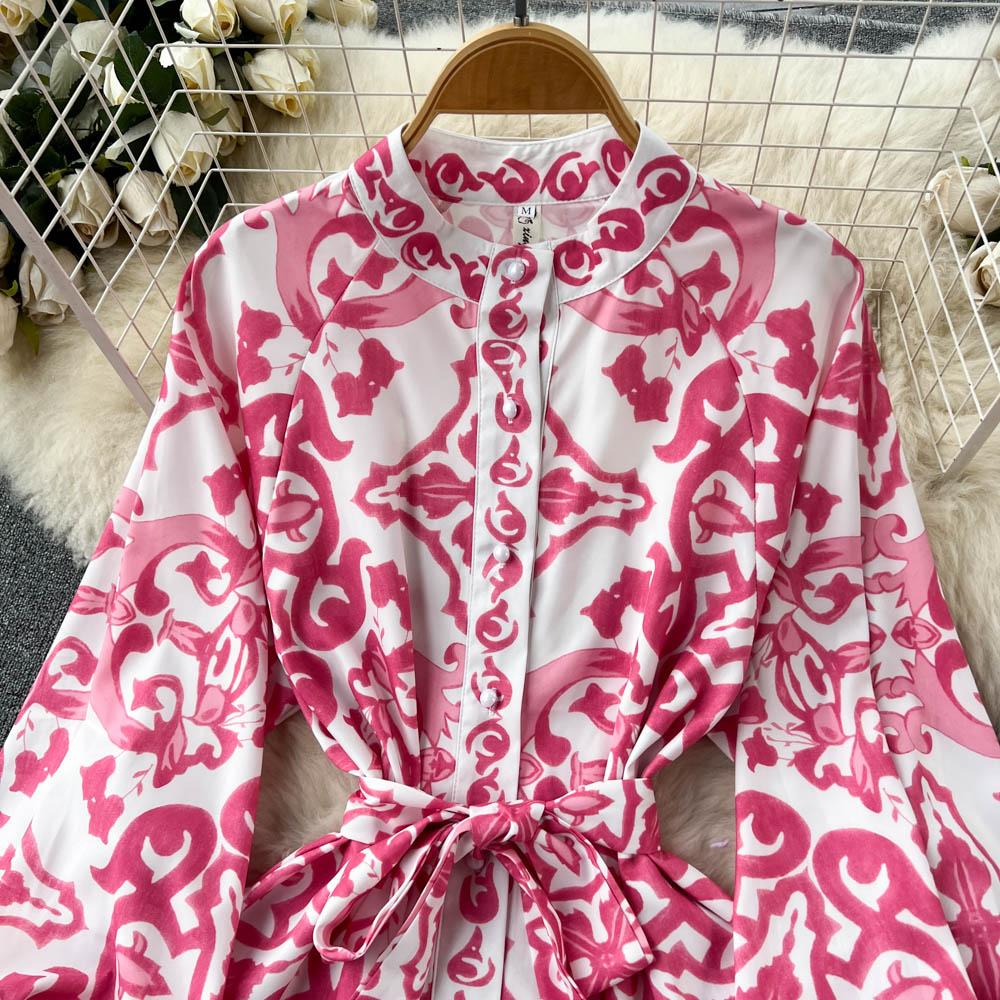 Vintage Summer Floral Print Ruffles Single Breasted Long Sleeve High Waist Vocation Beach Long Women Dress