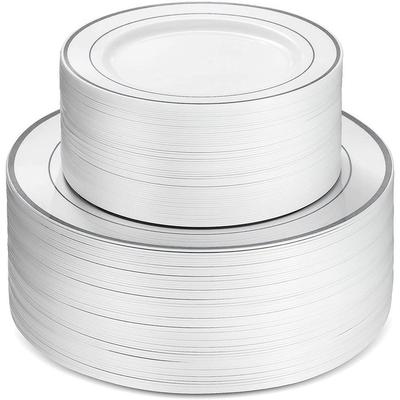 50Pcs Plastic Dinner Plates Silver and Gold Rim 25pcs 6 Inch Dinner Plates and 25pcs 9 Inch Salad