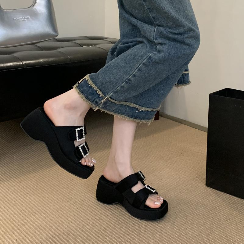 Slope Heel Cool Slippers Summer New Age-reducing Rhinestone Double Buckle One-word Belt Buckle Sandals Casual Thick-soled Slippers