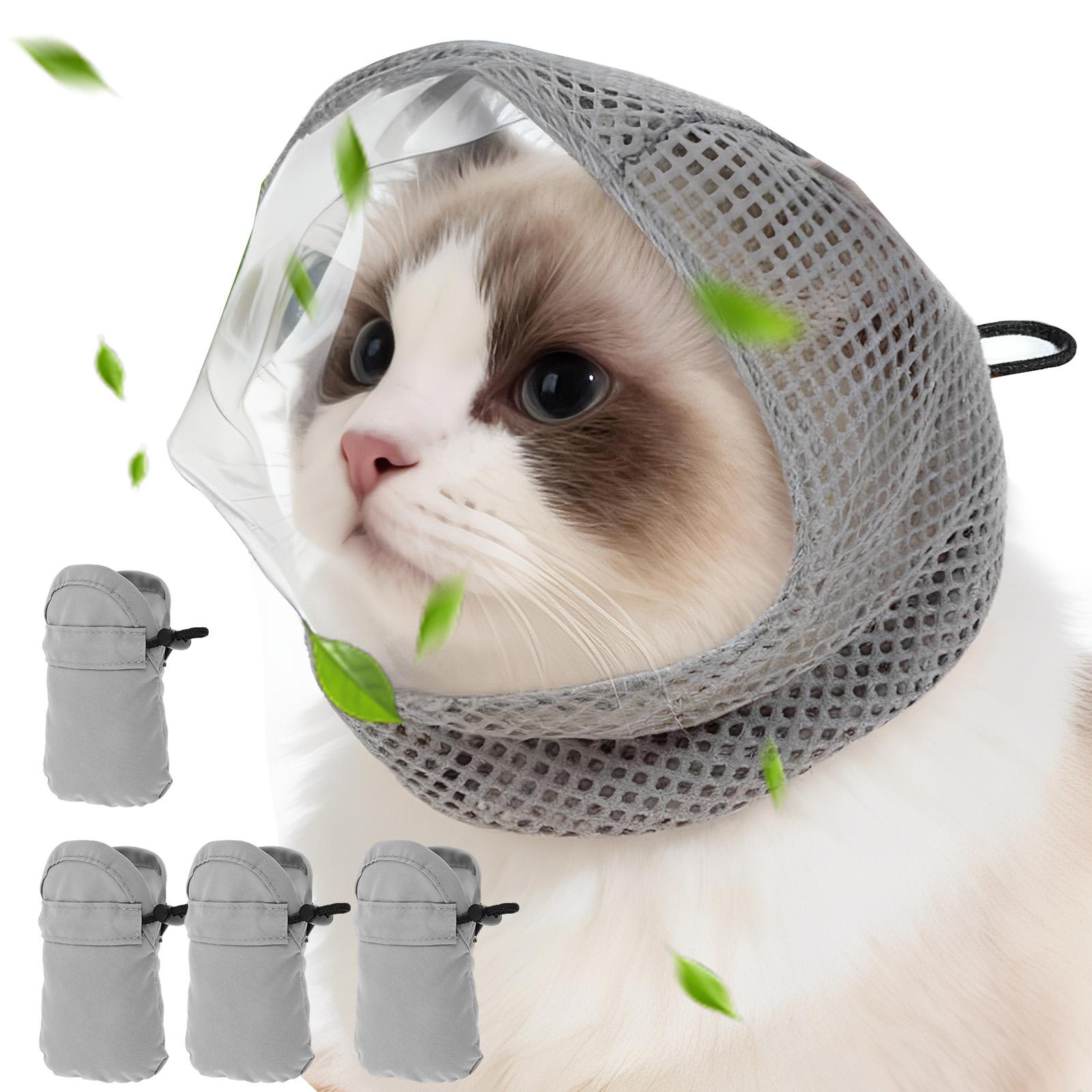 

Регулируемая намордник для кошек для ухода и предотвращения укусов Дышащая маска для кошек с 4 противоцарапающими чехлами для лап для стрижки когтей