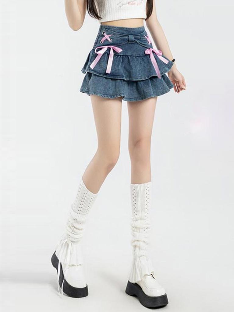 Women's Ruffled Denim Mini Skirt Summer Bandage Bow Blue Shorts Skirt Y2k Clothes Spicy Girl Streetwear
