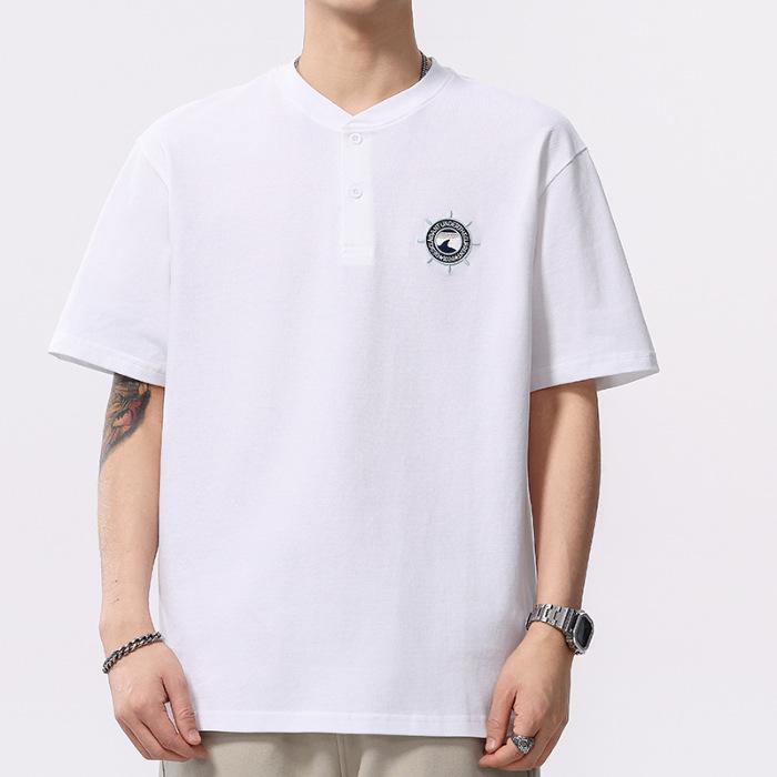 

New Summer Thin Cotton Henry Neck T-shirt Short Men s Summer Short-sleeved T-shirt 4XL белый