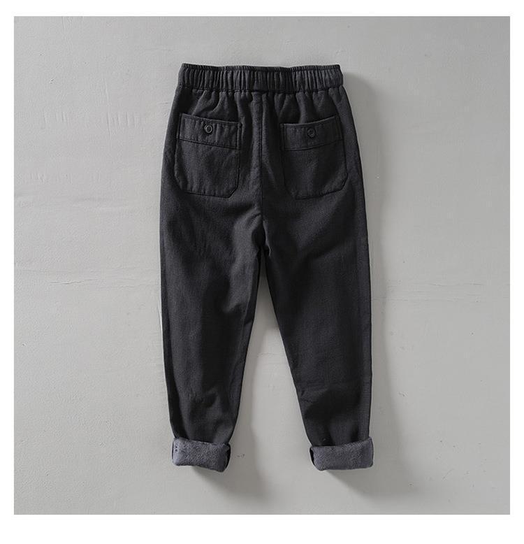 L8234 Men's Retro Loose Straight-Leg Cotton Pants - Warm Fleece-Lined, Drawstring, Long Fit
