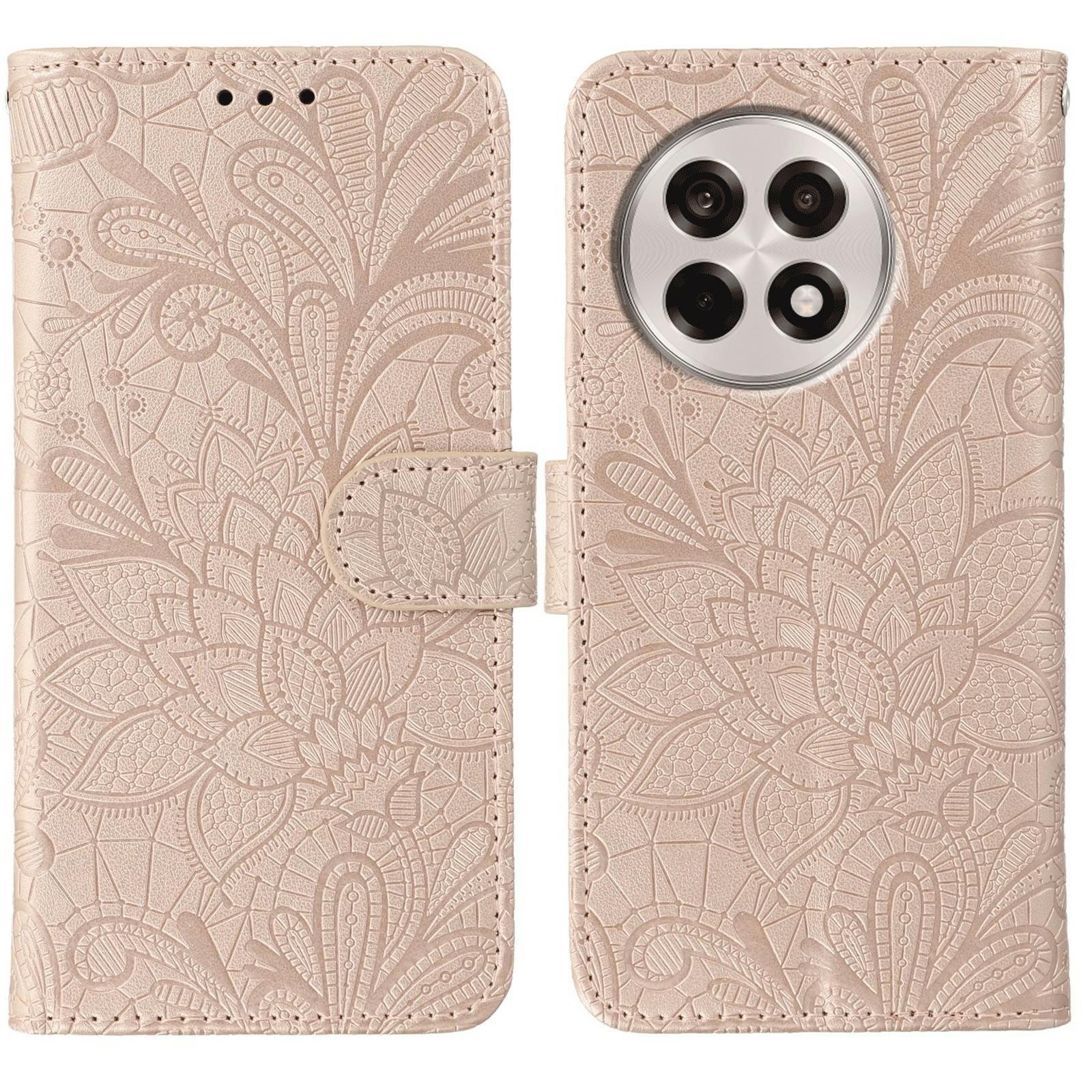 

For OnePlus Ace 5 5G/Ace 5 Pro 5G/13R 5G Case Lace Flowers PU Leather Flip Wallet Phone Cover with Wrist Strap Rose Gold