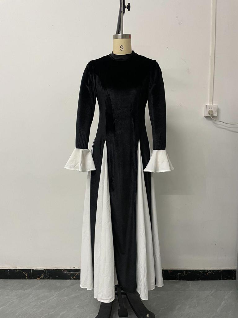2025 Autumn Black and White Spliced Long Dress: Elegant, Sexy, and Dignified Women's Fashion for the Middle East