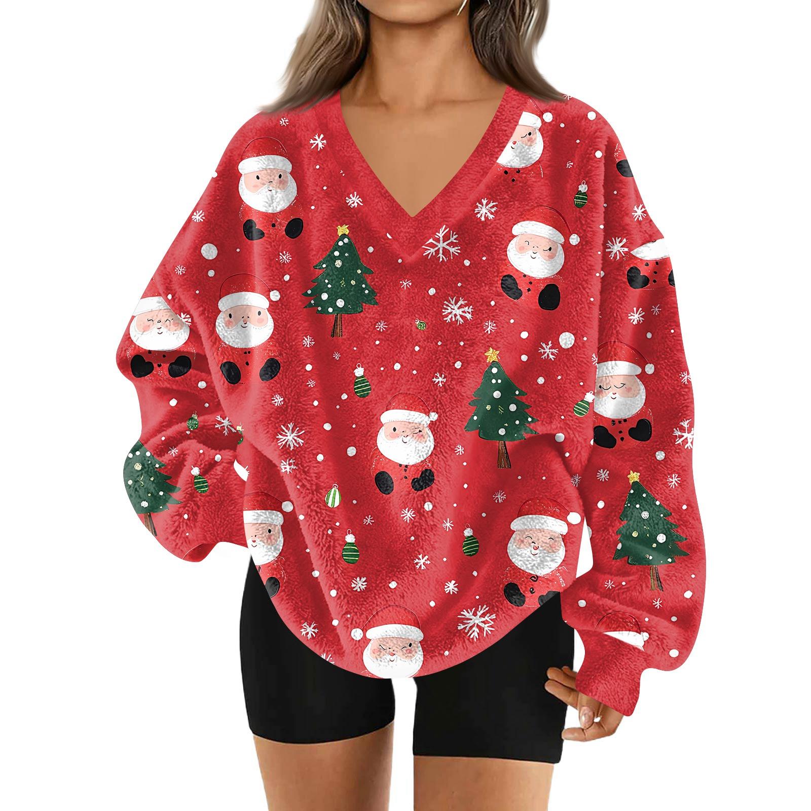 

Women s Fashion Casual Long Sleeve Christmas Printed V-Neck Top Sweatshirt XL
