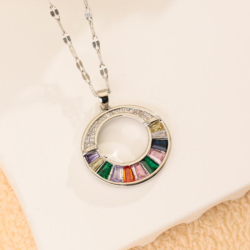 Trendy Colorful Zirconia Donut Pendant Titanium Steel Necklace for Women