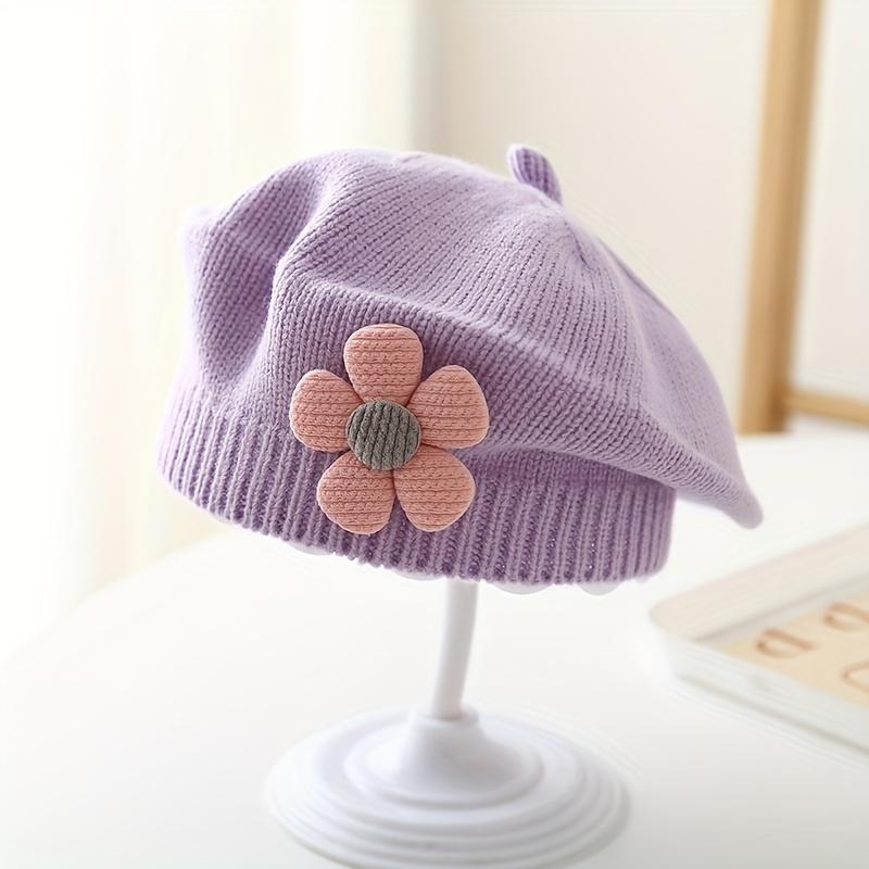 1pc Stretchy Knitted Beret Hat for 0-2 Years - Soft Warm Winter Hat with Floral Embellishment, Foldable Christmas Holiday Outfit