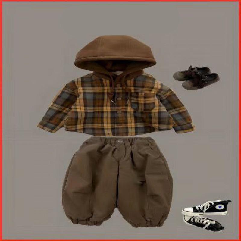 Children's Hooded Jacket Winter Men's Women's Baby Velvet Thick Trousers Two Piece Suit