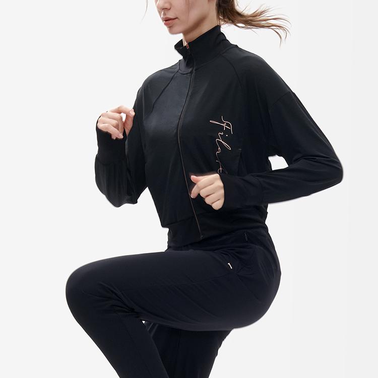 FILA SS22 Athletics Solid Color Zip Collar Letter Sports Knit Long Sleeve Jacket Women jackets Deep-Black A11W221508FBK
