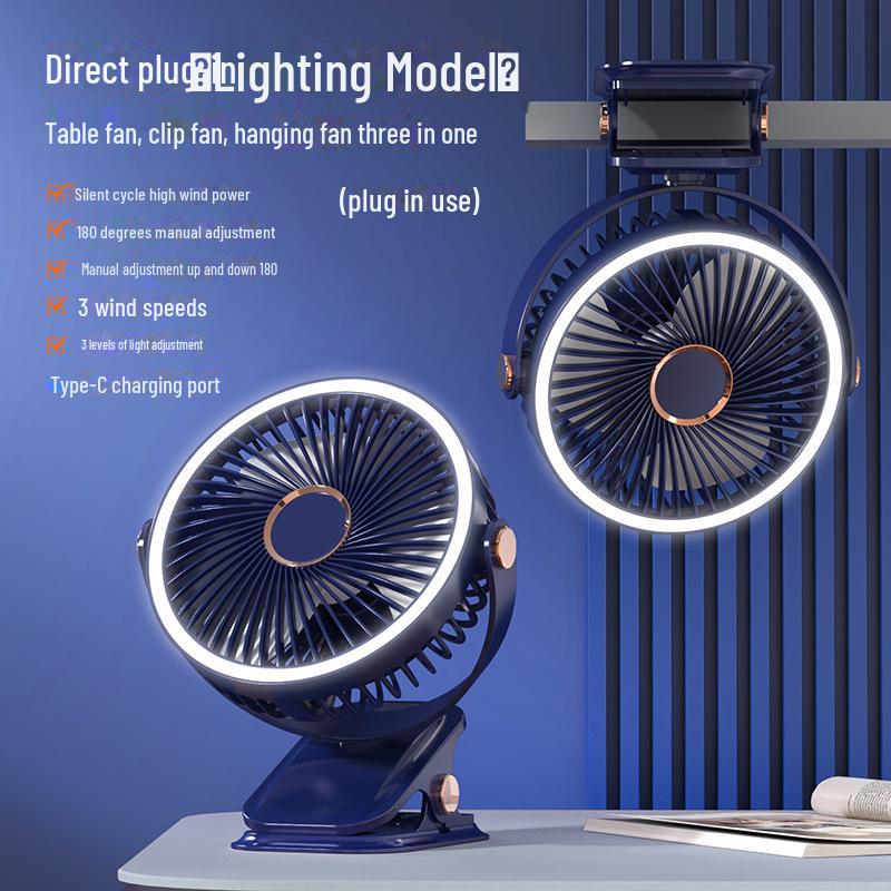 Rechargeable USB Clip Fan with Desk Lamp - Large Battery, Portable for Student Dormitories