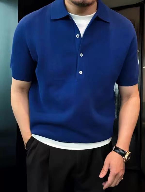 Solid Color Lapel Polo Shirt Men'S Simple Style Slim Fit High-End Short-Sleeved T-Knitted Top