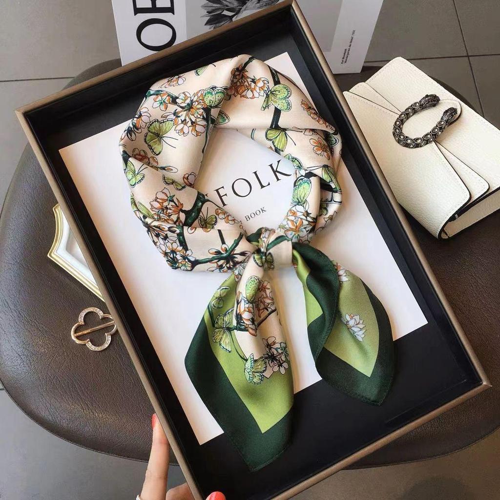 High-End Women's Lightweight Silk Square Scarf - Temperament Print Neckerchief for Neck Protection and Decoration.
