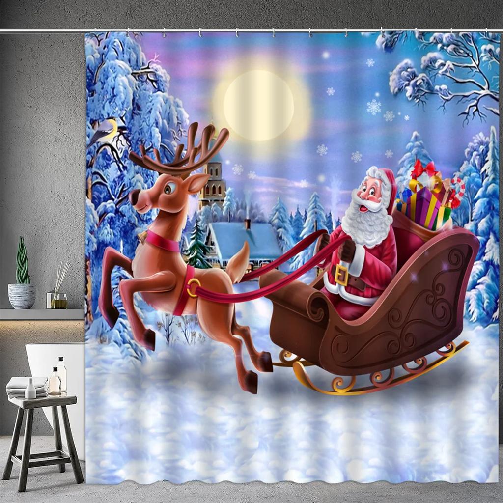 Christmas Shower Curtain, Winter Snowman Santa Claus Snowflake Gnome Farm Truck Berry Christmas Tree Cartoon Bathroom Decorati
