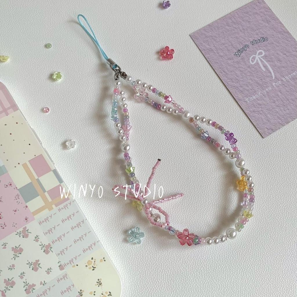 INS Stil Girly Rosa Schleife Perlen Handytasche Anhänger Armband Bunt Blume CCD Kamera Anhänger Handy Lanyard Zubehör