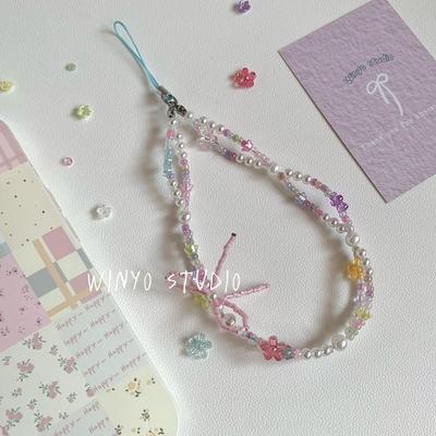 INS Stil Girly Rosa Schleife Perlen Handytasche Anhänger Armband Bunt Blume CCD Kamera Anhänger Handy Lanyard Zubehör