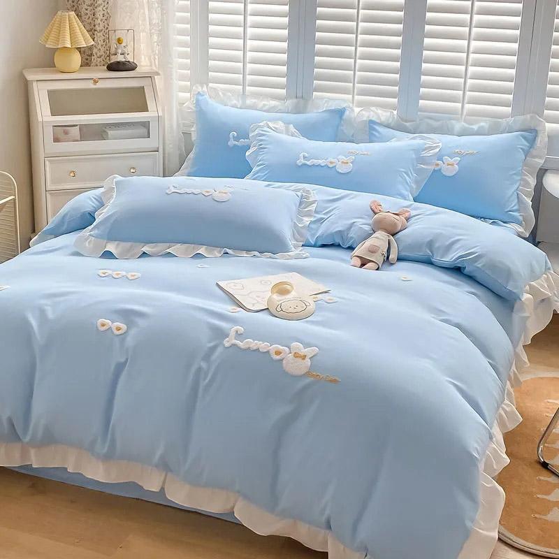 4pcs/set Cartoon Washed Cotton Quilt Cover Princess Style Sheet Cover Korean Cute Fresh Naked Sleeping Comfortable Student Bedding Four-piece Set