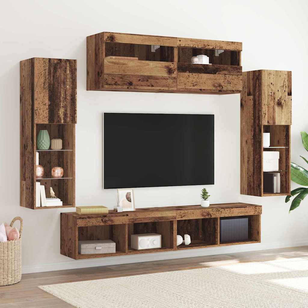 TV Cabinet Set with LED Light Strips 6 pcs Reclaimed Wood Effect Particleboard