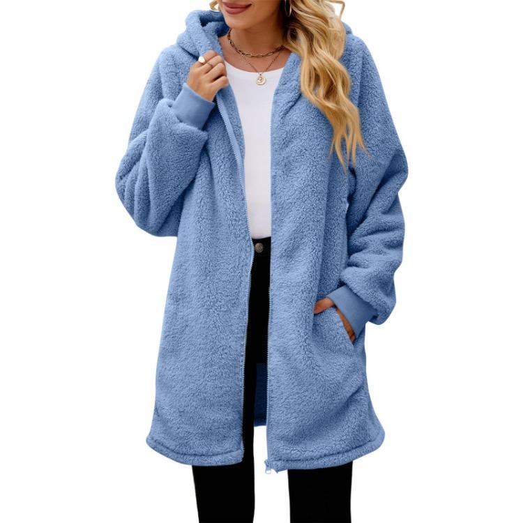 Giacca Peluche alla Moda Donna Larga con Cappuccio Zip Cappotto Colore Solido Manica Lunga Tasca