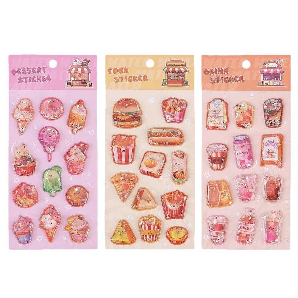 Adorable Assorted Decals 3D Embossed Crystal Children Stickers, Cartoon Mini Hamburger Ice Cream Milk Tea 3D Journal Stickers