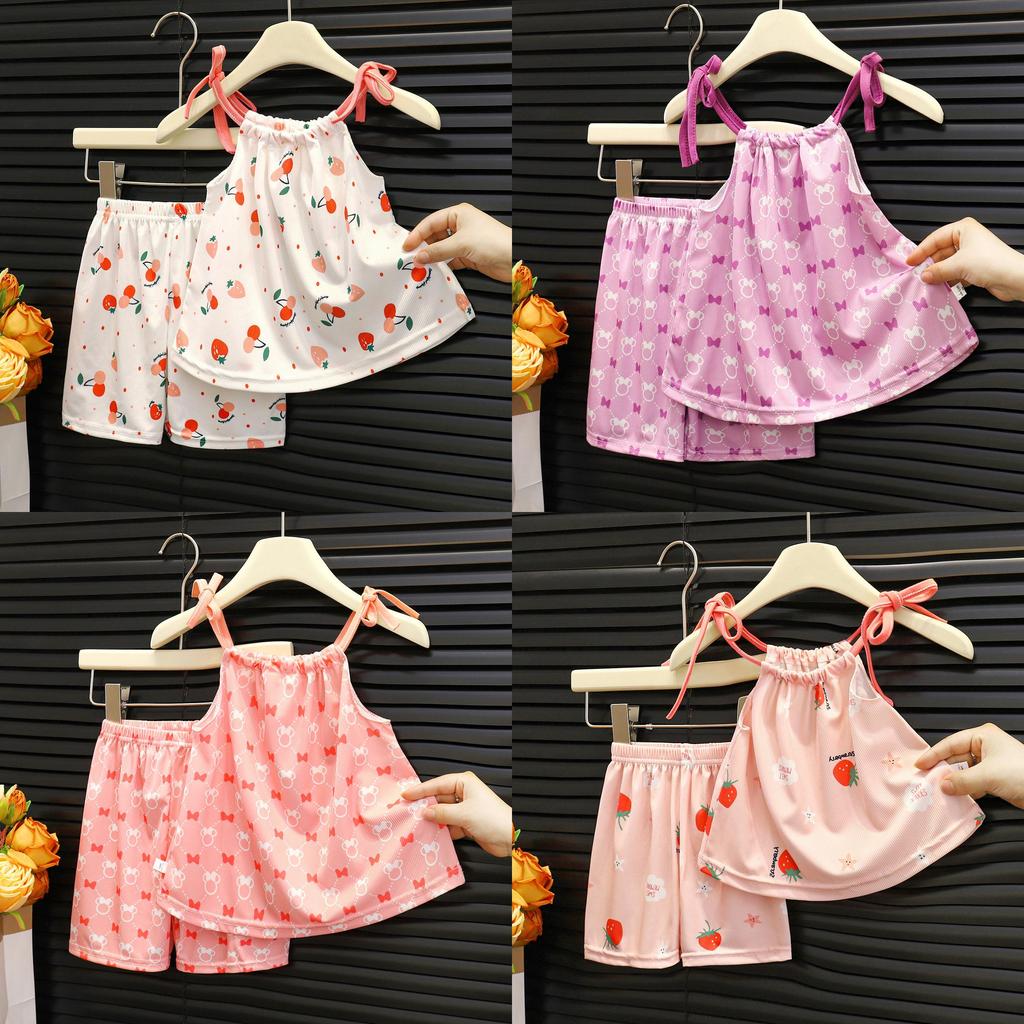 Summer Girl Shorts Pajama Set With Ice Silk Fabric For Toddler Girls