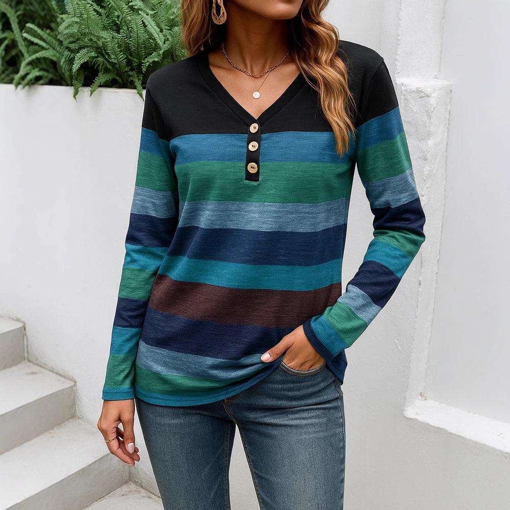 2025 Neue Herbst- und Winter-Damen-Freizeit-V-Ausschnitt Langarm Lockerer Pullover Bedrucktes Damen-T-Shirt