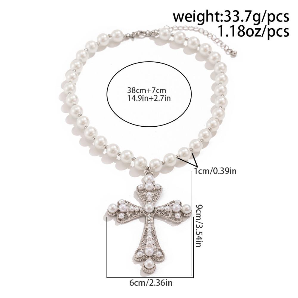 Multiple Layers Fold Wear Imitation Pearl Chain Beaded Gothic Cross Pendant Necklace  for Women Retro Punk Collar Jewelry Gifts
