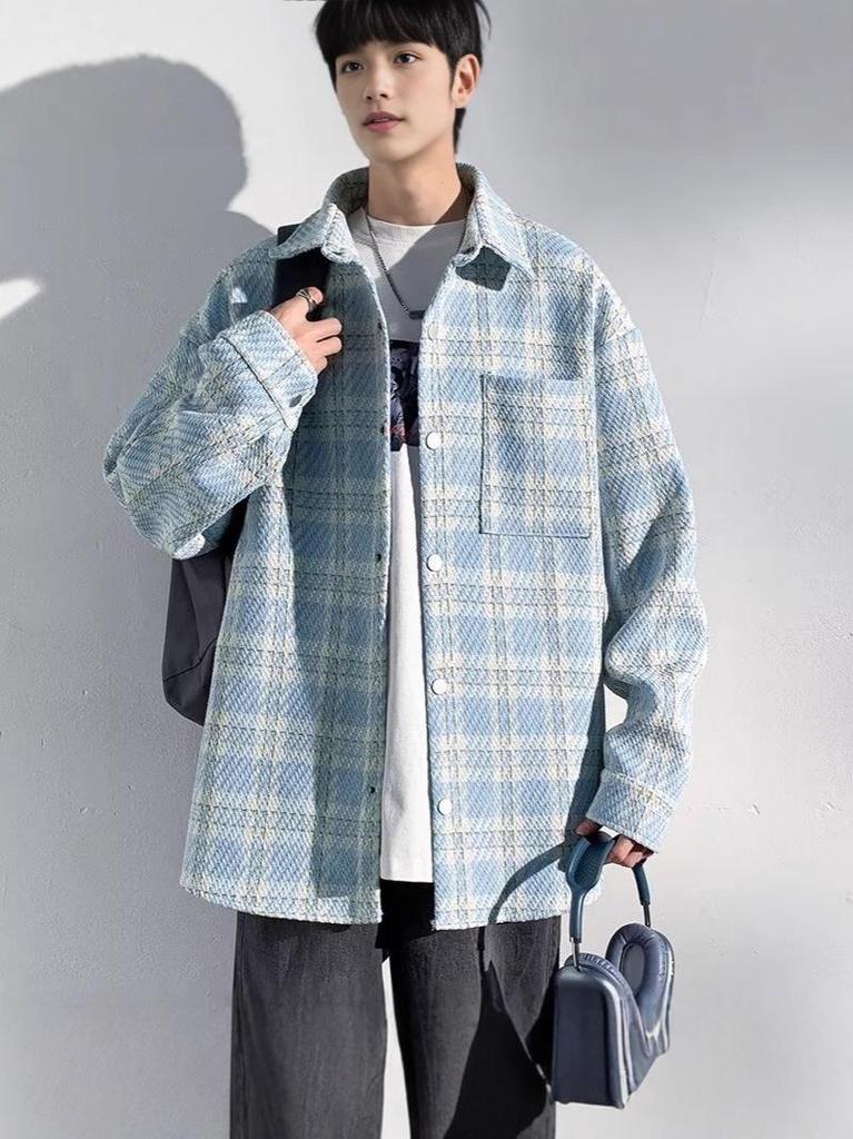 Autumn Men's Trendy Knit Plaid Jacket - Versatile, Fashionable, Loose Fit with Couple Lapel Style