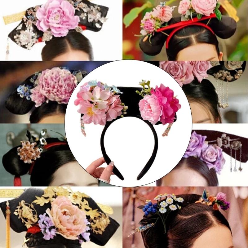 Ancient Chinese Qings Costume Flower Hairband Wedding Hairband Theme Party Gathering Headband Stage Performances Props