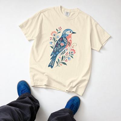 Floral Bluebird T-Shirt, Botanical Songbird Graphic, Cottagecore Garden Tee, Comfort Colors® Bird Lover Gift