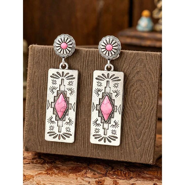1 Pair Western Style Carved Inlaid Rhombus Artificial Turquoise Rectangular Pendant Earrings, Women's Vintage Jewelry