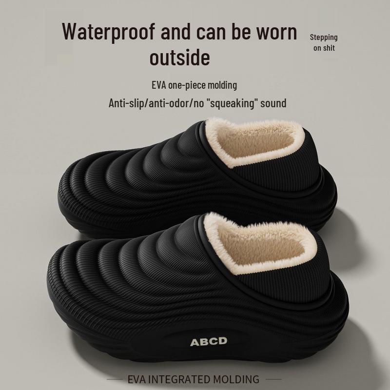 Men's Cartoon Cotton Slippers: Winter Indoor Non-Slip, Waterproof, Warm, Closed-Heel with Thick Sole for Couples