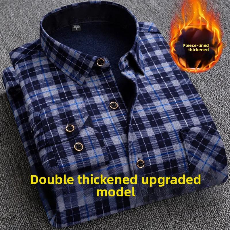 Men's Thickened Fleece Lined Long Sleeve Shirt Warm Slim Fit Plaid Casual Fashion Winter Shirt No Ironing Required Male Apparel
