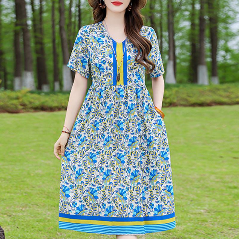 Elegant Women's Dress Summer Vintage Clothes Loose Short Sleeve Plus Size Casual Long Dresses