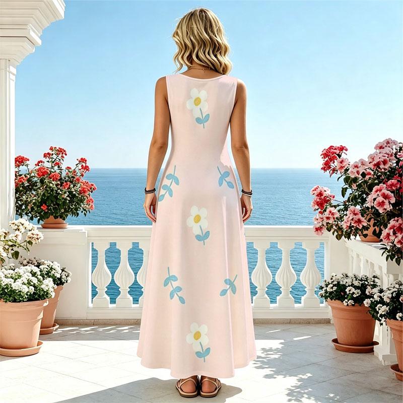 Women's U-Neck Sleeveless Floral Beach Dress,Lightweight Loose Fit Long Summer Vacation Casual Wear,Stylish & Versatile