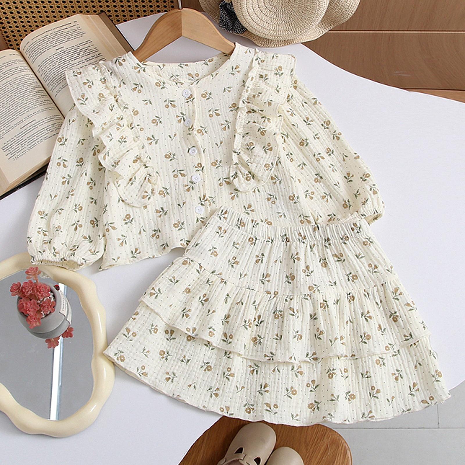 

Girls Cotton Blouse with Flutter Sleeves and Ruffle Skirt Set Two Piece Outfit Soft Lightweight Fabric Comfortable Fit Spring Autumn 120 бежевий