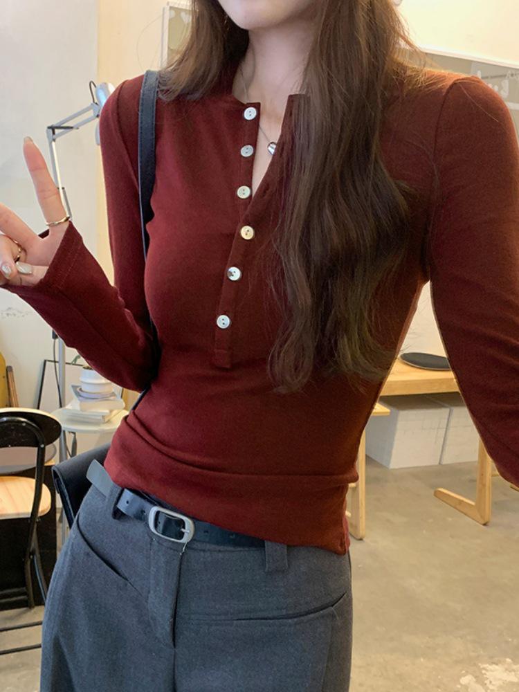 Women's Wine Red Button-Up Henry Collar T-Shirt - Spring/Autumn Waist-Cinching Long Sleeve 2026