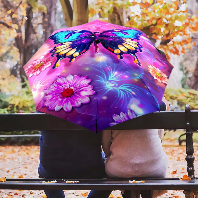 1pc Ladybugs, Butterflies Pattern Umbrella Portable Folding Umbrella Iron Frame Hole Bone Structure Outdoor Home Umbrella