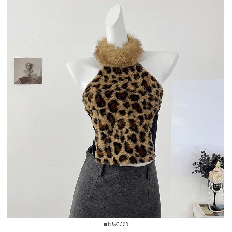 European & American Leopard Print Halter Crop Top - Sexy Sleeveless Off-Shoulder Fur Patchwork for Women Small цветной печати леопарда