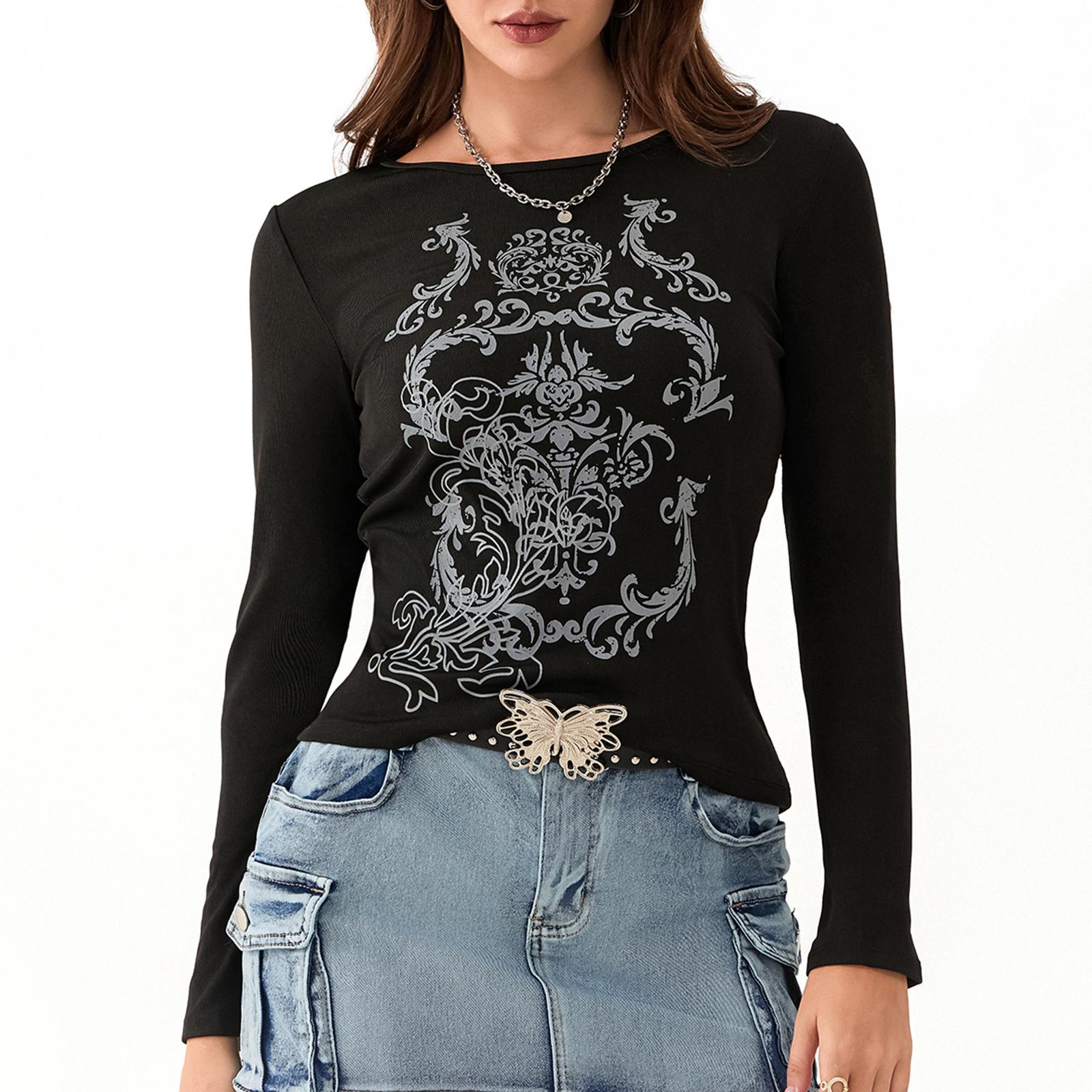 

Женские осенние повседневные готические топы с длинным рукавом и круглым вырезом с принтом свободная футболка S чёрный