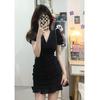 Black v-neck bubble sleeve dress women's summer niche unique design high-end fishtail skirt style