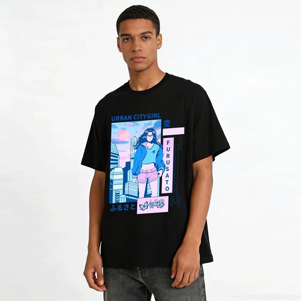 Urban City Girl Anime Style Graphic Tee Casual Streetwear Top Pure Cotton T-shirt