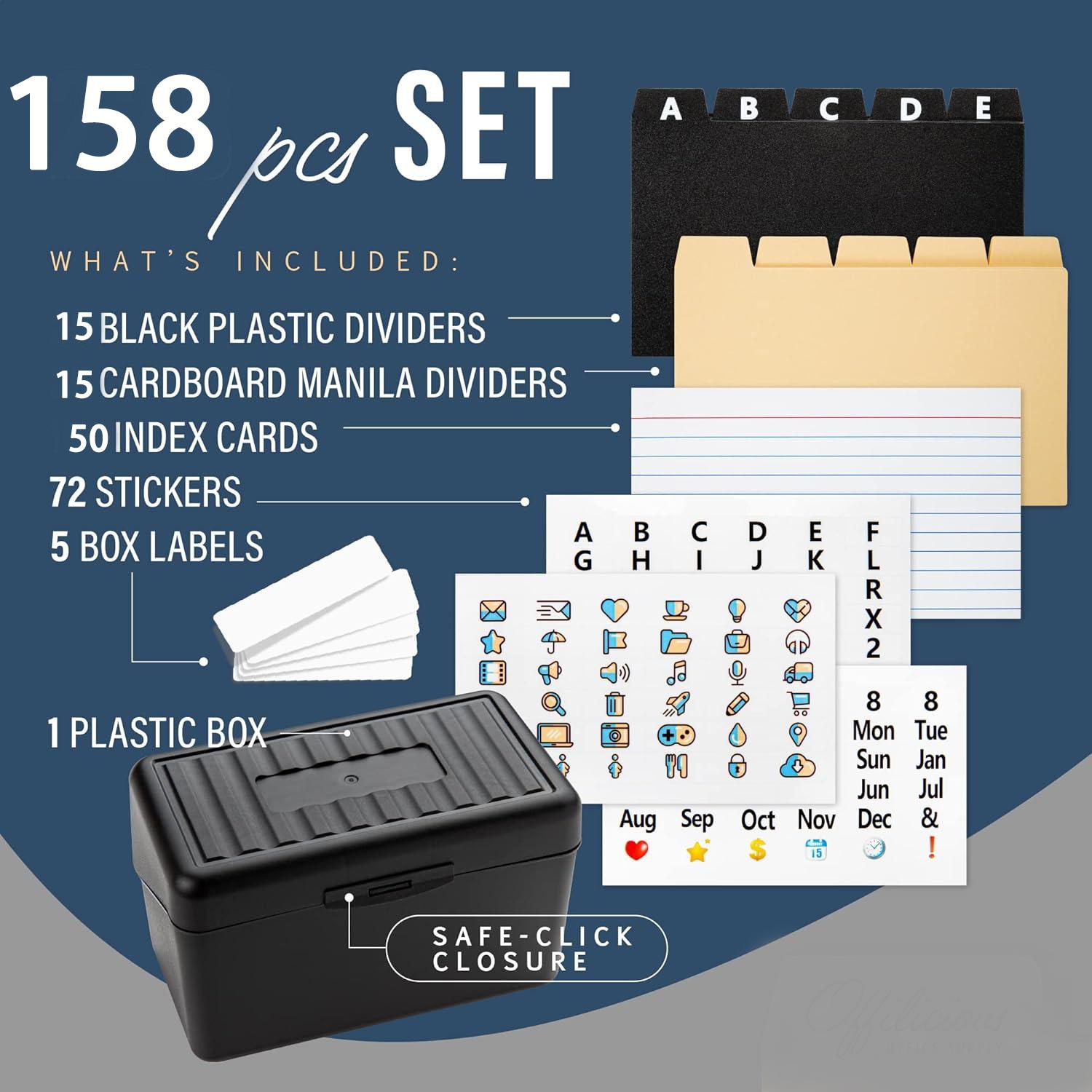 

Коробка для индексных карточек, футляр для индексных карточек, включая 30 разделителей для карточек, 50 линованных индексных карточек, 72 наклейки, 5 этикеток, 1 коробка для хранения 1set