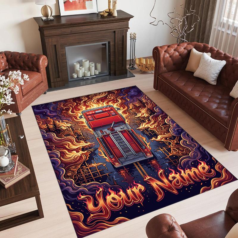 Fire Truck Theme Crystal Velvet Rug Personalized Custom Name Text Soft Floor Mat Home Decor