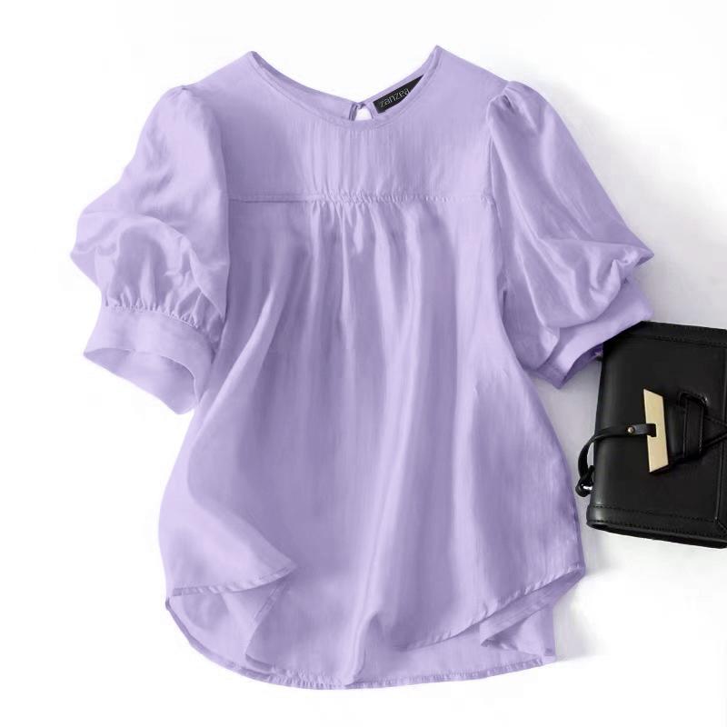 ZANZEA Women Casual Round Neck Summer Short Sleeve Plain Blouse