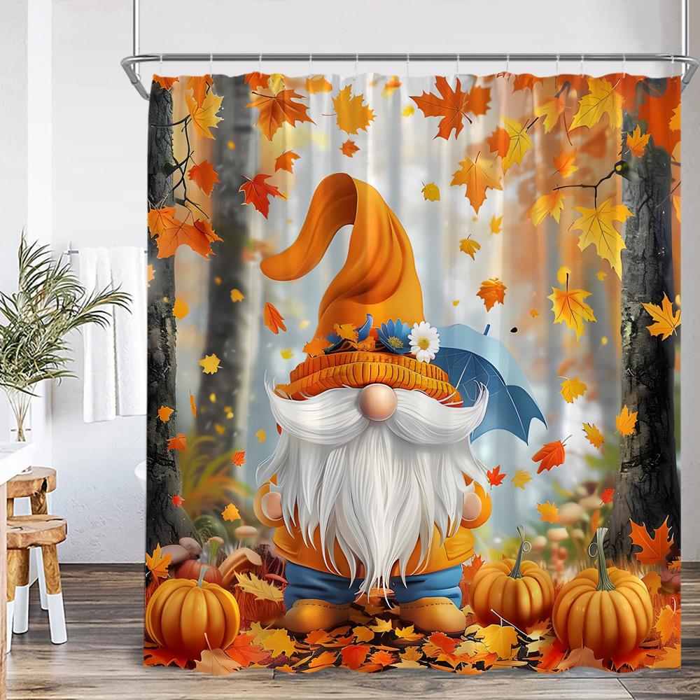 Fall Elf Shower Curtain Autumn Wooden Barn Door Pumpkin Sunflower Maple Bathroom Decor Nature Kid Child Bath Curtain with Hook