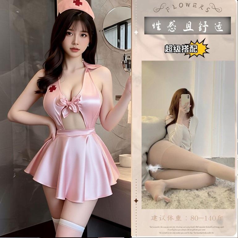 Sexy deep V neck lingerie COS nurse uniform lapel big halter nurse flirting pajama set