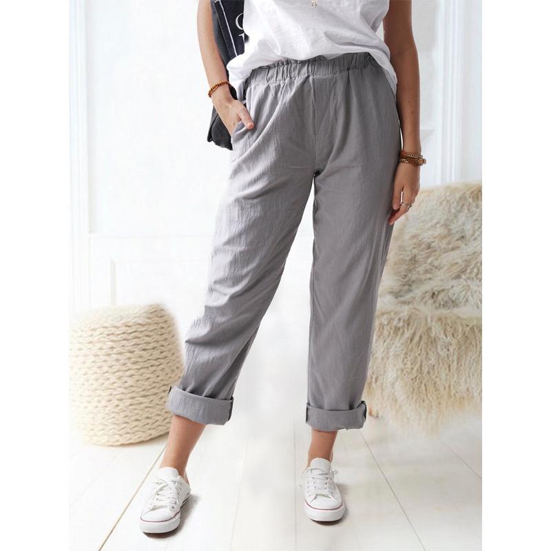 Women New Summer Cotton Linen Pants Solid Color Casual Stretch High-waist Straight-leg Pants