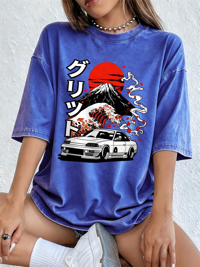 Nippon Jdm Car Grid Cotton Washed TShirts Women Summer Oversized T Shirt ONeck Comfortable Distressed Tops Basic Women Clothes